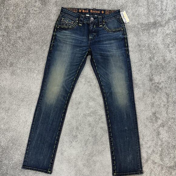 Rock Revival Jeans Mens 32x33 Blue Kirk Side Alt Straight Distressed Stitch - Picture 2 of 15